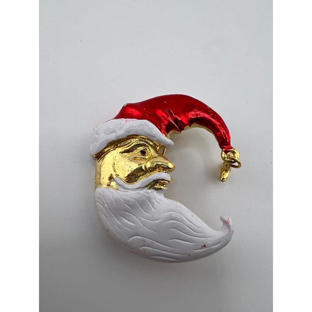 Vintage Gold White and Red Moon Santa Brooch Pin